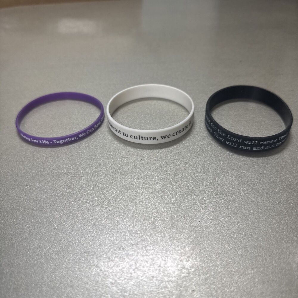 Lot of 3 Silicone Wristbands - Relay For Life, Isaiah 40:31 Bible, Culture Quote